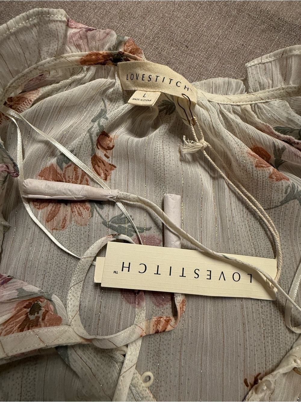 Lovestitch Floral Tie-Neck Peasant Blouse - Cream with Pink & Tan Flowers - Picture 7 of 8